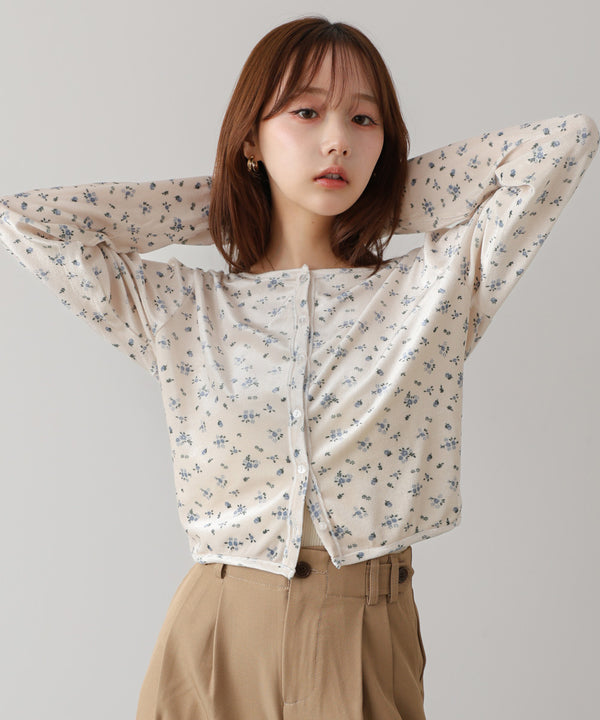 ベロアフラワープリントカーディガントップス