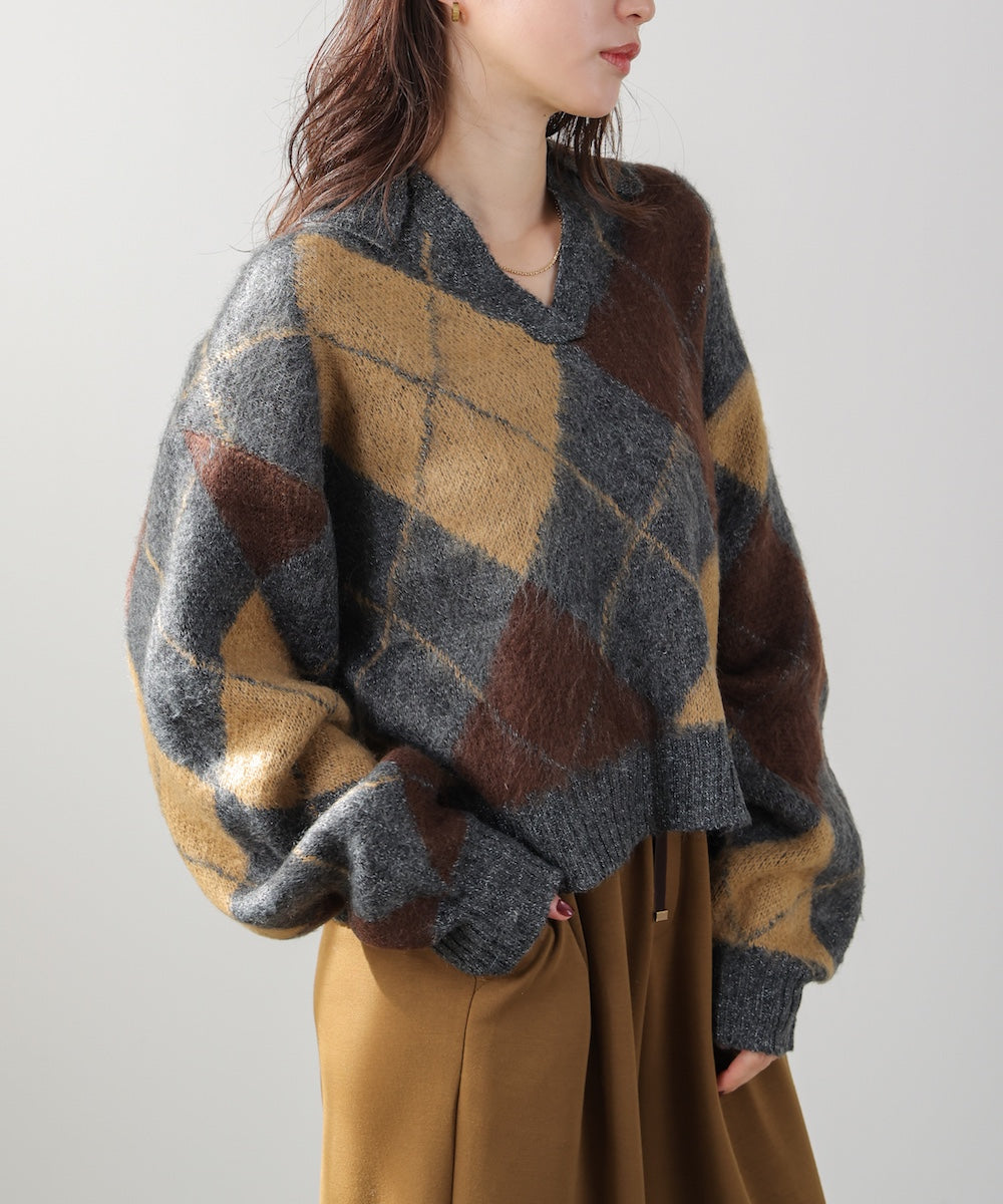 アーガイル襟付ニット