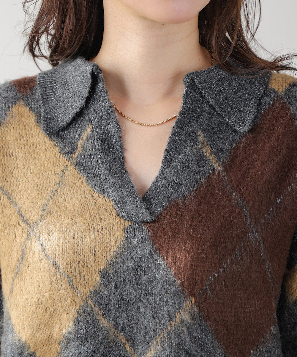 アーガイル襟付ニット