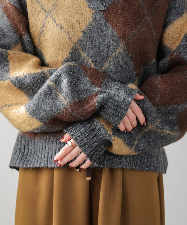 アーガイル襟付ニット