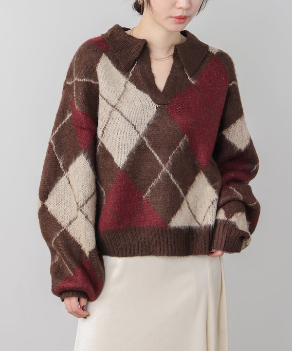 アーガイル襟付ニット