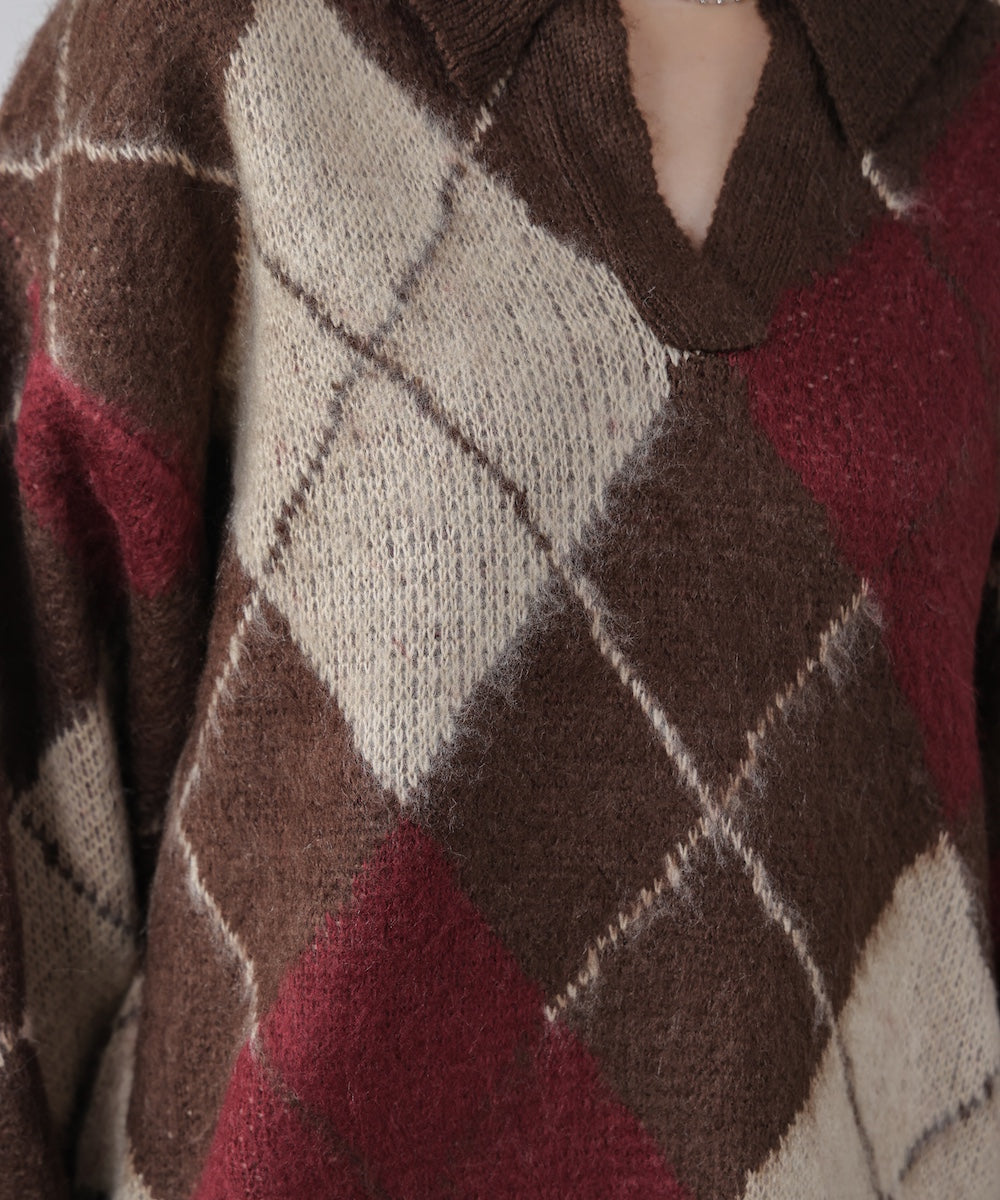 アーガイル襟付ニット