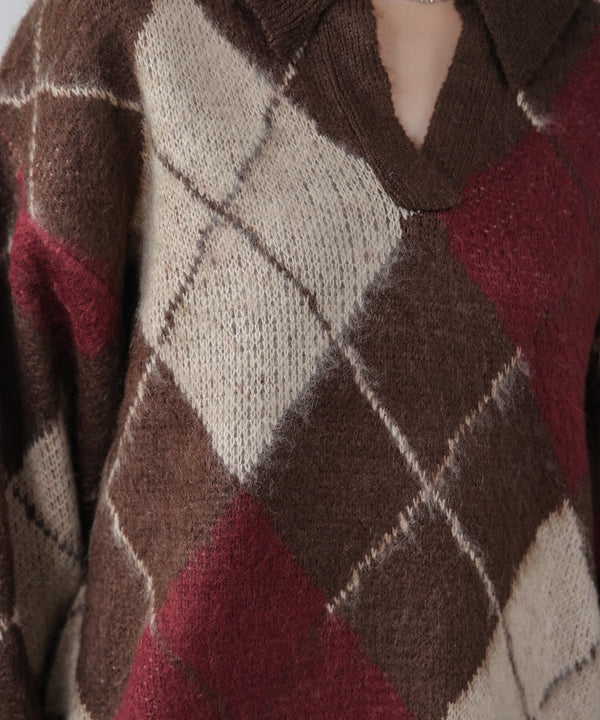 アーガイル襟付ニット