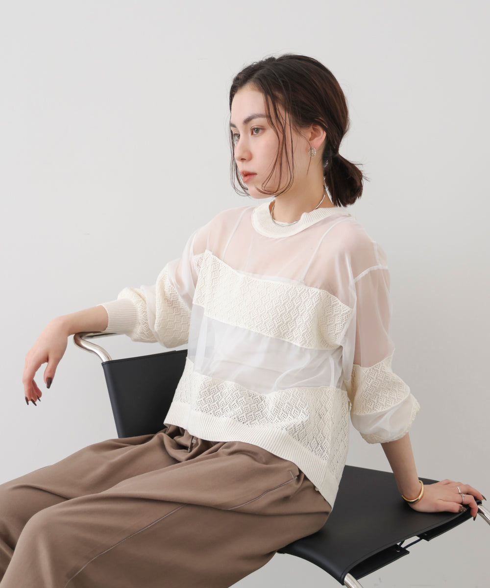 透かし編みオーガンジートップス