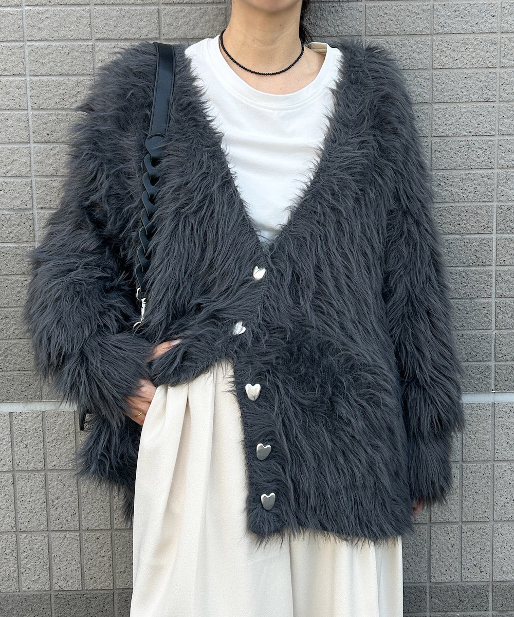 【選べる着丈】ハートボタンシャギーニットカーディガン