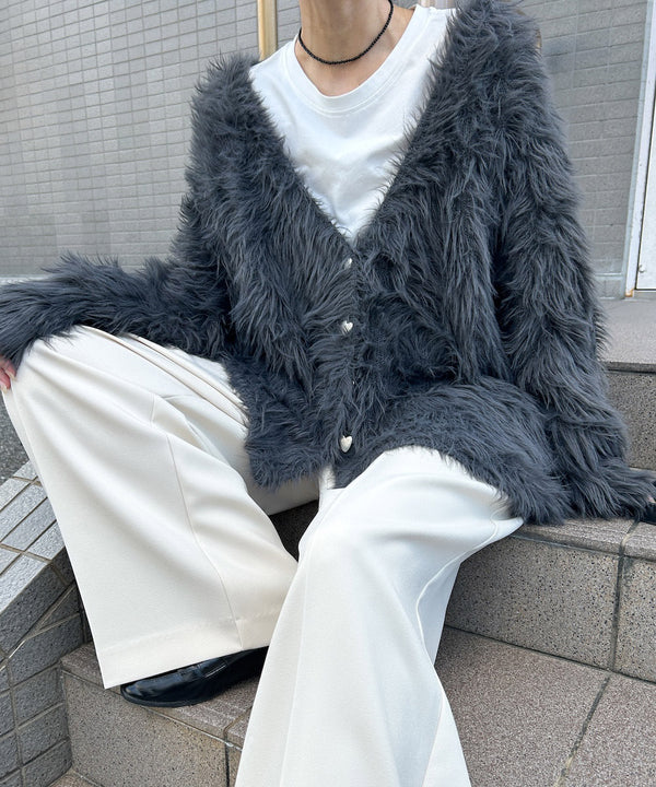 【選べる着丈】ハートボタンシャギーニットカーディガン